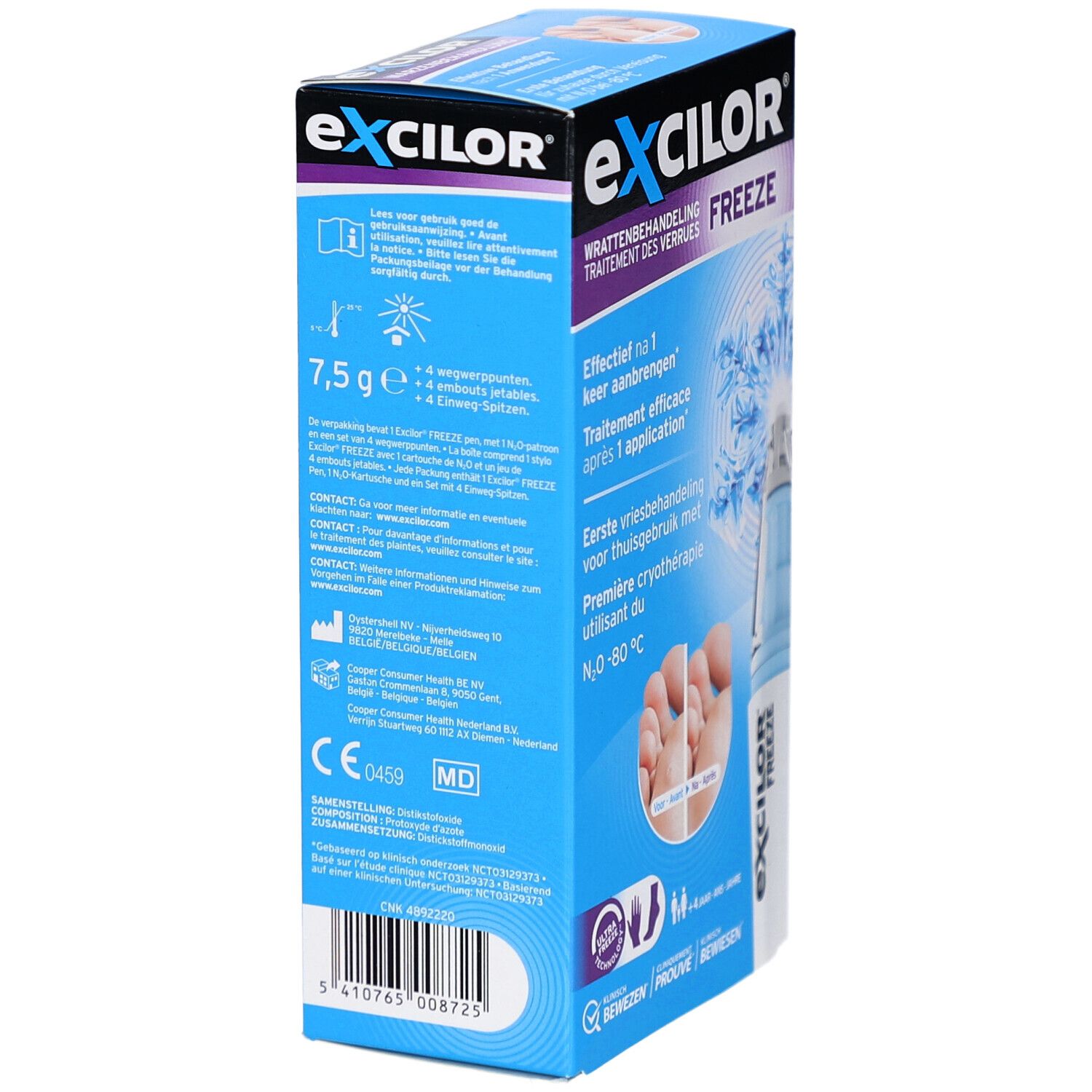 Boîte bleue Excilor Freeze. Vue latérale avec informations et logo. Contient 7,5 g. Dispositif médical avec marquage CE.