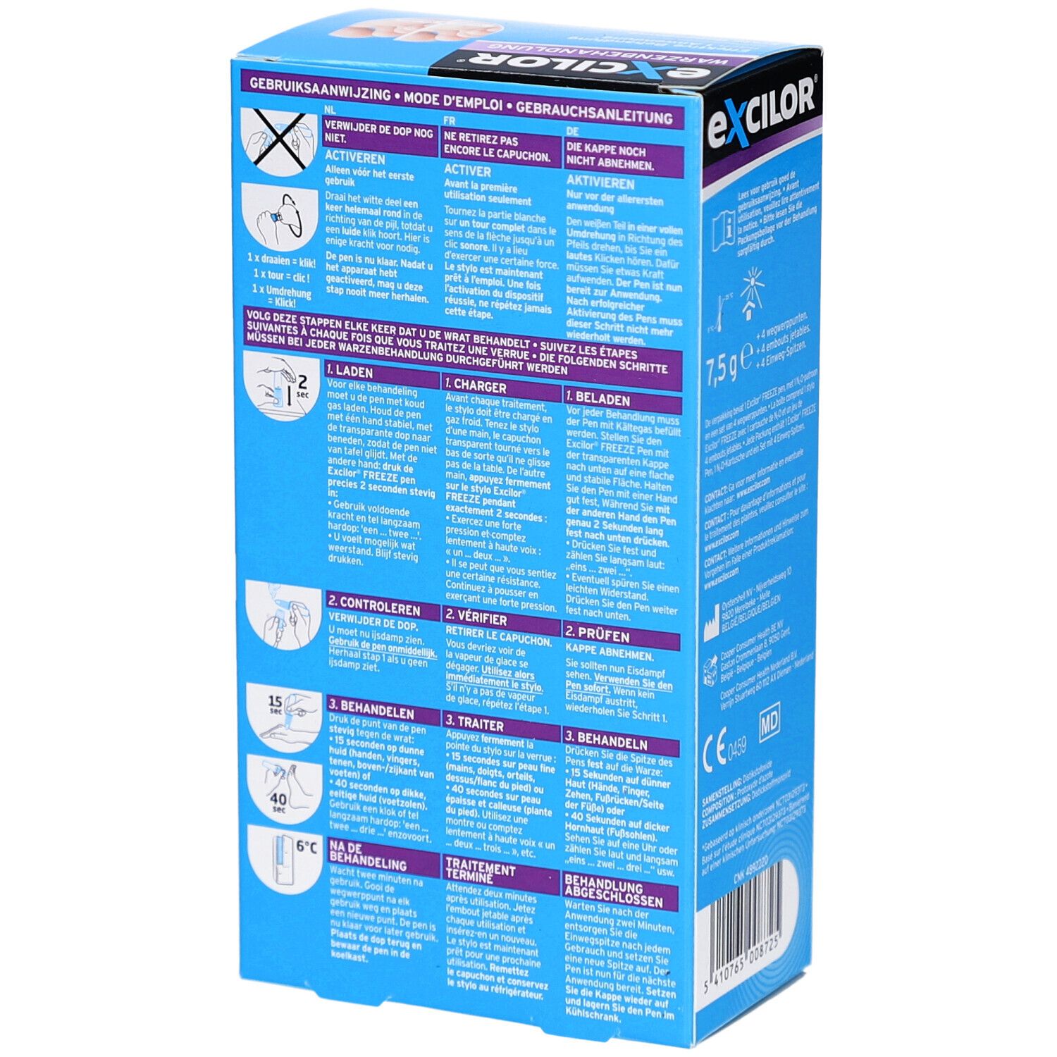 Boîte bleue Excilor Freeze. Dos avec mode d'emploi multilingue. Contient des pictogrammes et du texte.