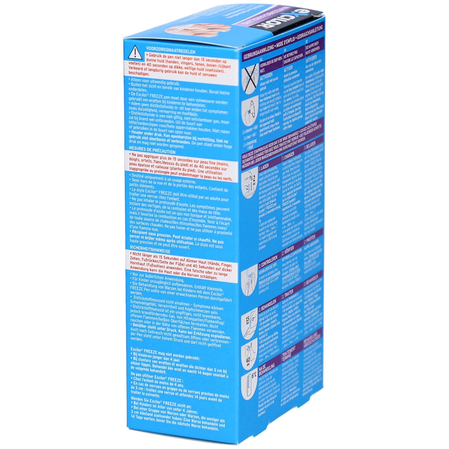 Boîte bleue Excilor Freeze. Vue latérale avec avertissements et informations. Contient texte et pictogrammes.