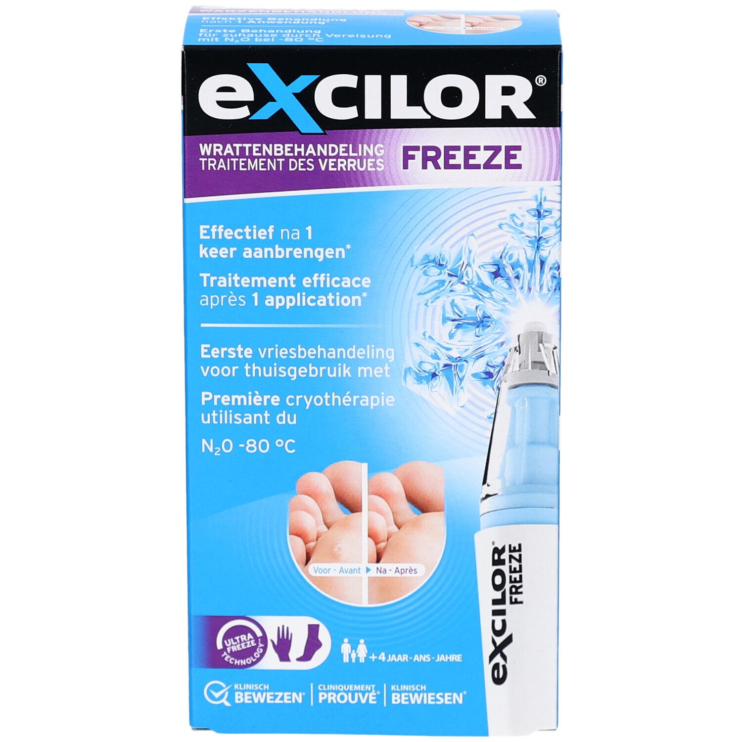 Boîte bleue Excilor Freeze. Nom et logo en haut. Illustration d'un pied avant et après traitement. Contient N2O.