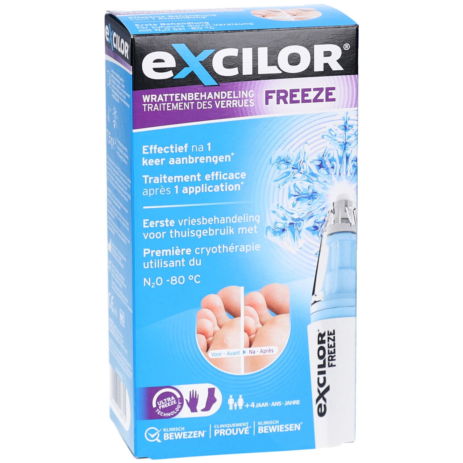 Boîte bleue Excilor Freeze. Nom et logo en haut. Illustration d'un pied avant et après traitement. Contient N2O.