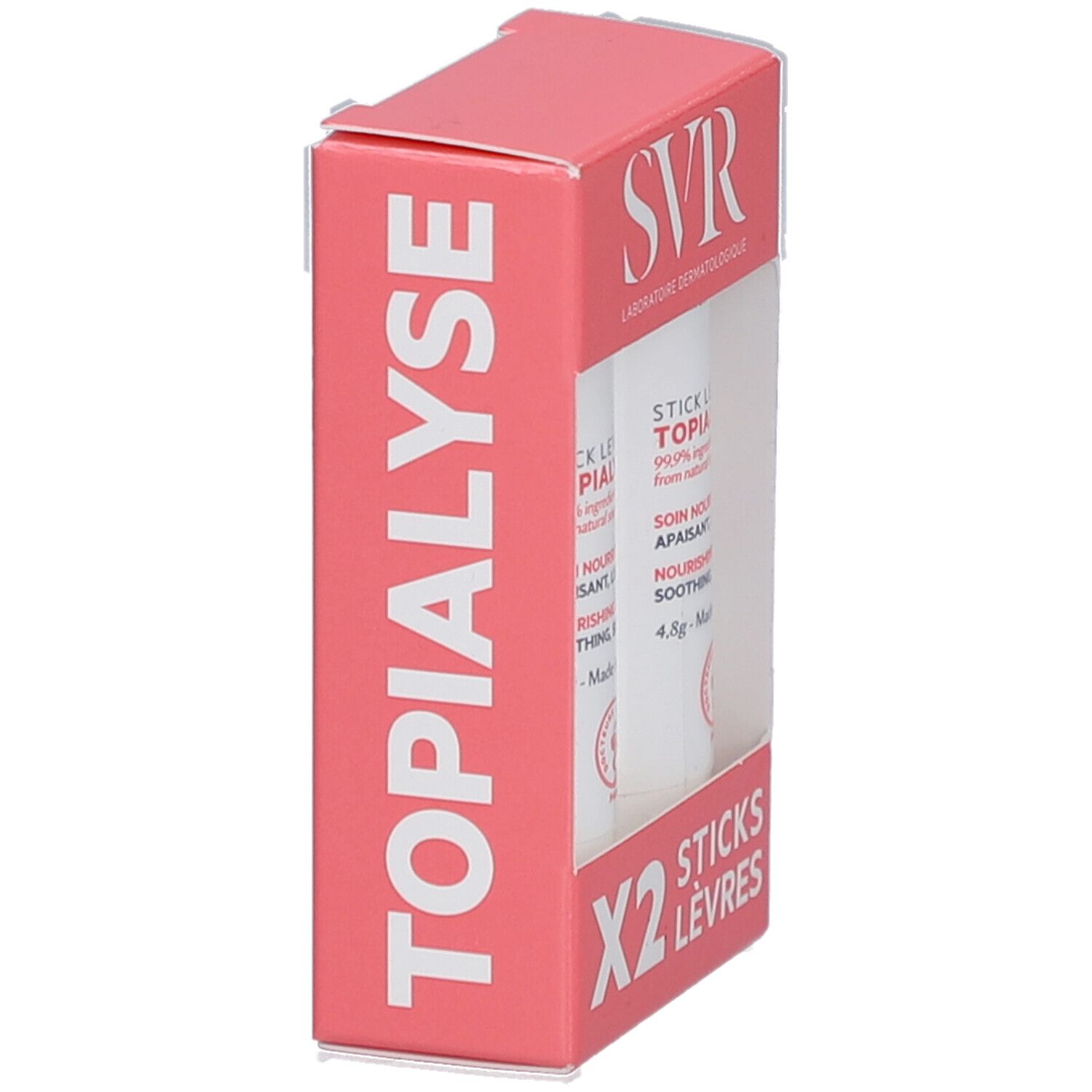 Boîte rose avec inscription blanche "TOPIALYSE" et "X2 STICKS LÈVRES". Vue en biais.