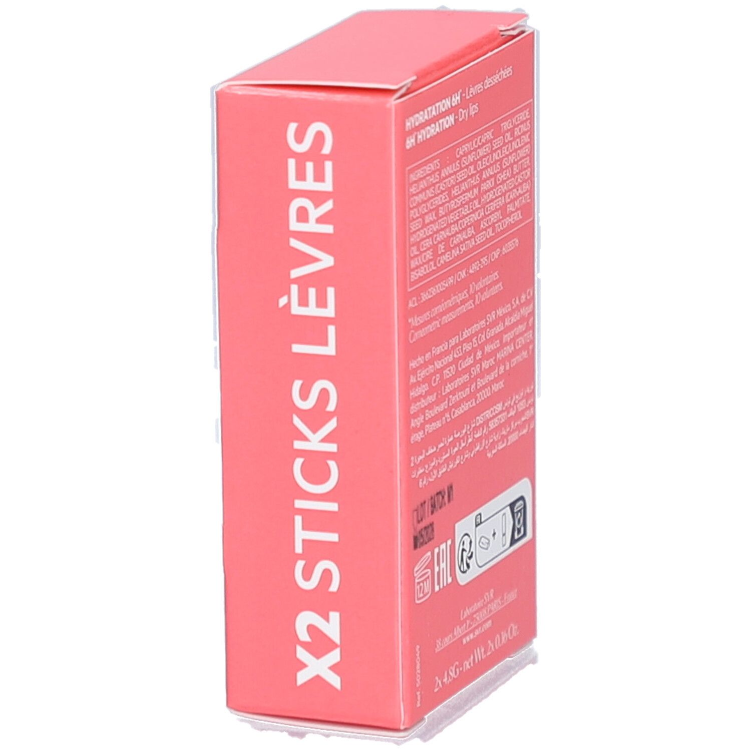 Boîte rose avec inscription blanche "X2 STICKS LÈVRES". Verso avec ingrédients.