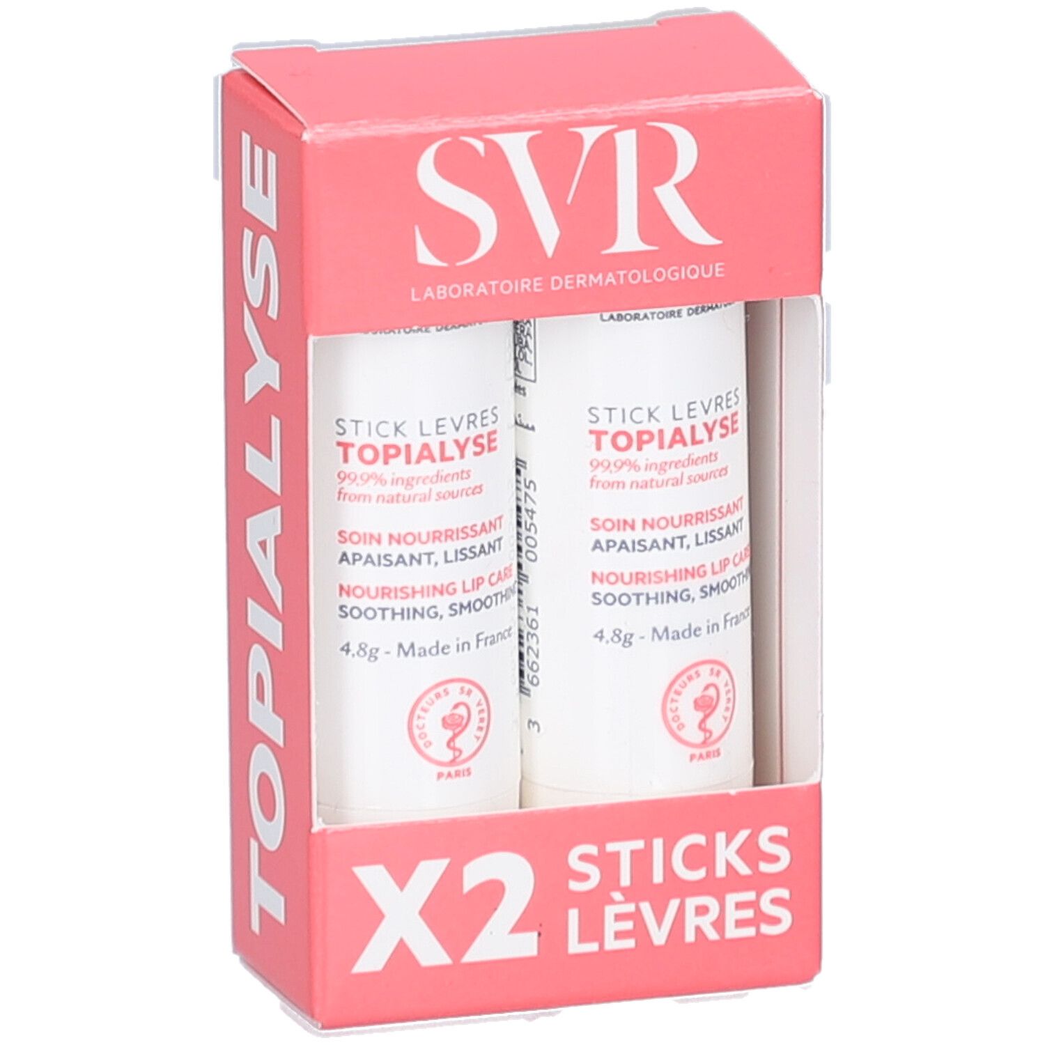Boîte rose et blanche avec deux sticks lèvres SVR Topialyse. Inscription "X2 STICKS LÈVRES".