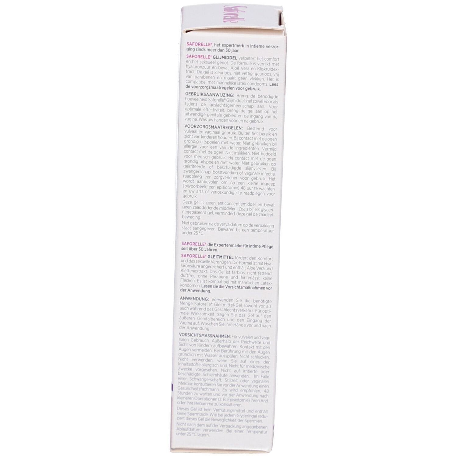 Dos de l'emballage. Texte en français, néerlandais et allemand. Informations sur les ingrédients et l'utilisation.