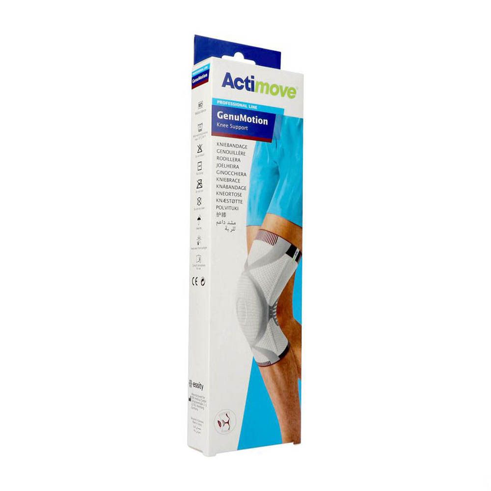 Emballage Actimove GenuMotion. Vue latérale avec informations produit et symboles de lavage. Inscription : Actimove, GenuMotion. Marquage CE.