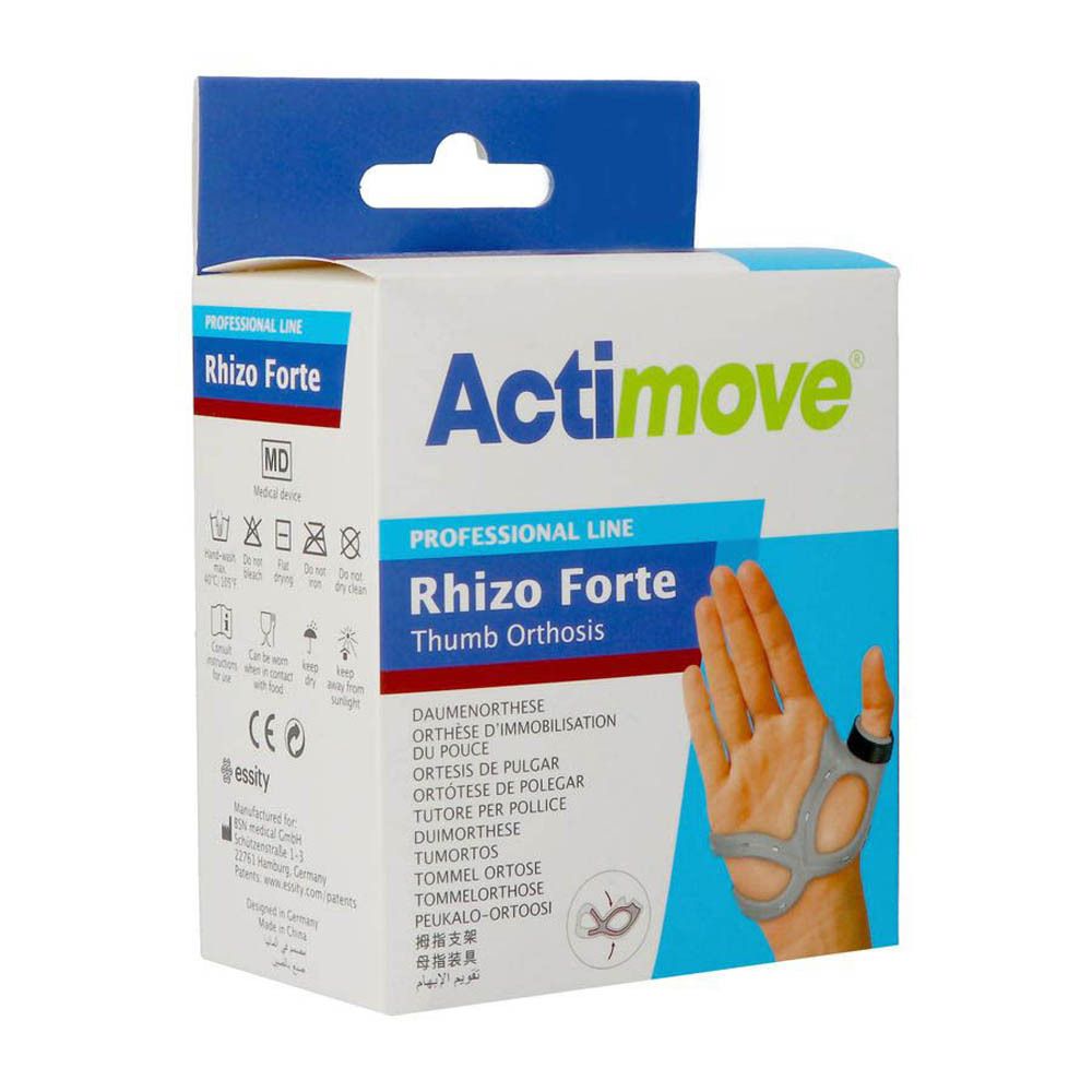 Emballage Actimove Rhizo Forte. Informations produit, symboles de lavage, adresse du fabricant. Dispositif médical.