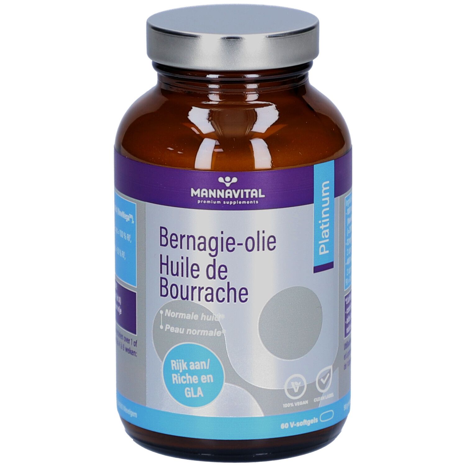 Flacon en verre brun avec couvercle argenté. Étiquette avec nom du produit et logo. Contient 60 gélules.