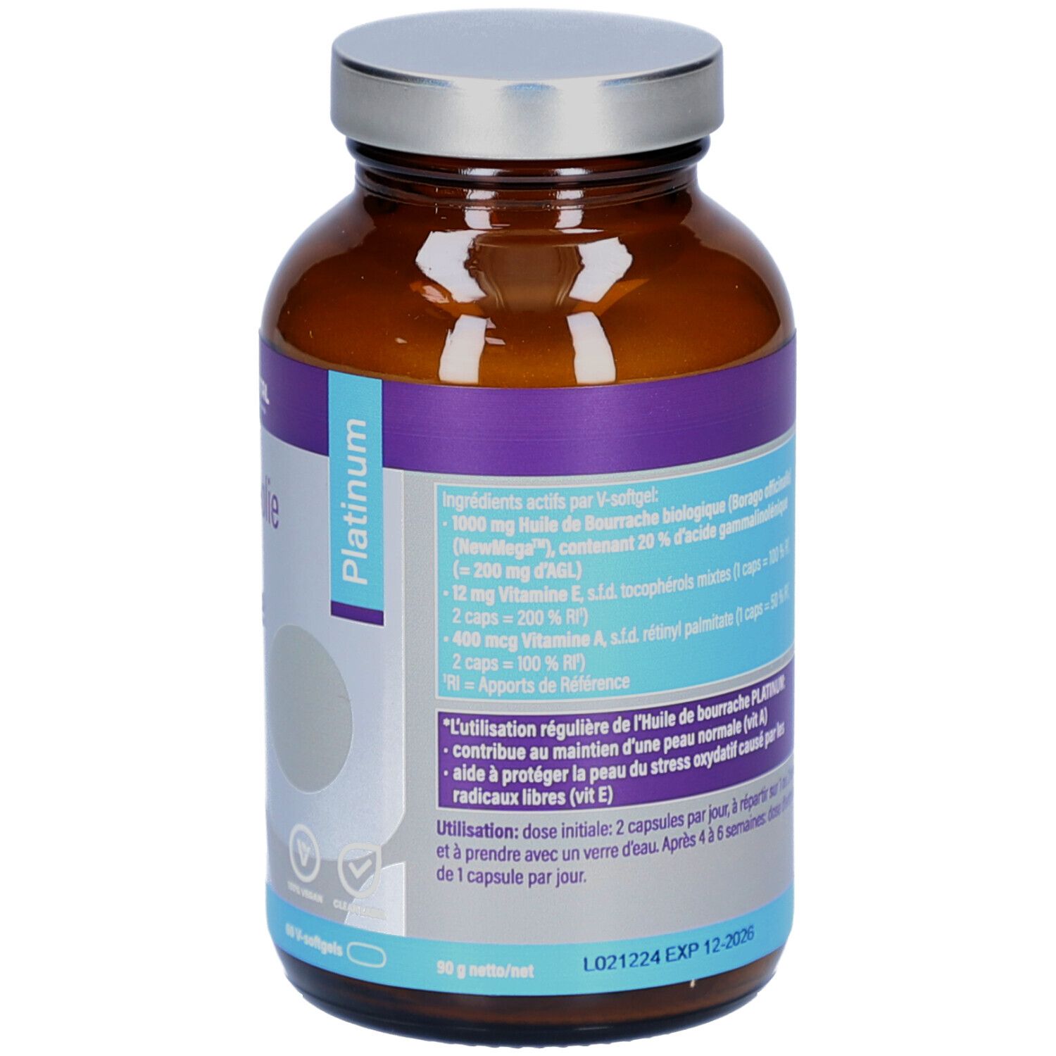 Dos du flacon. Étiquette avec ingrédients et instructions d'utilisation. Contient 60 gélules.