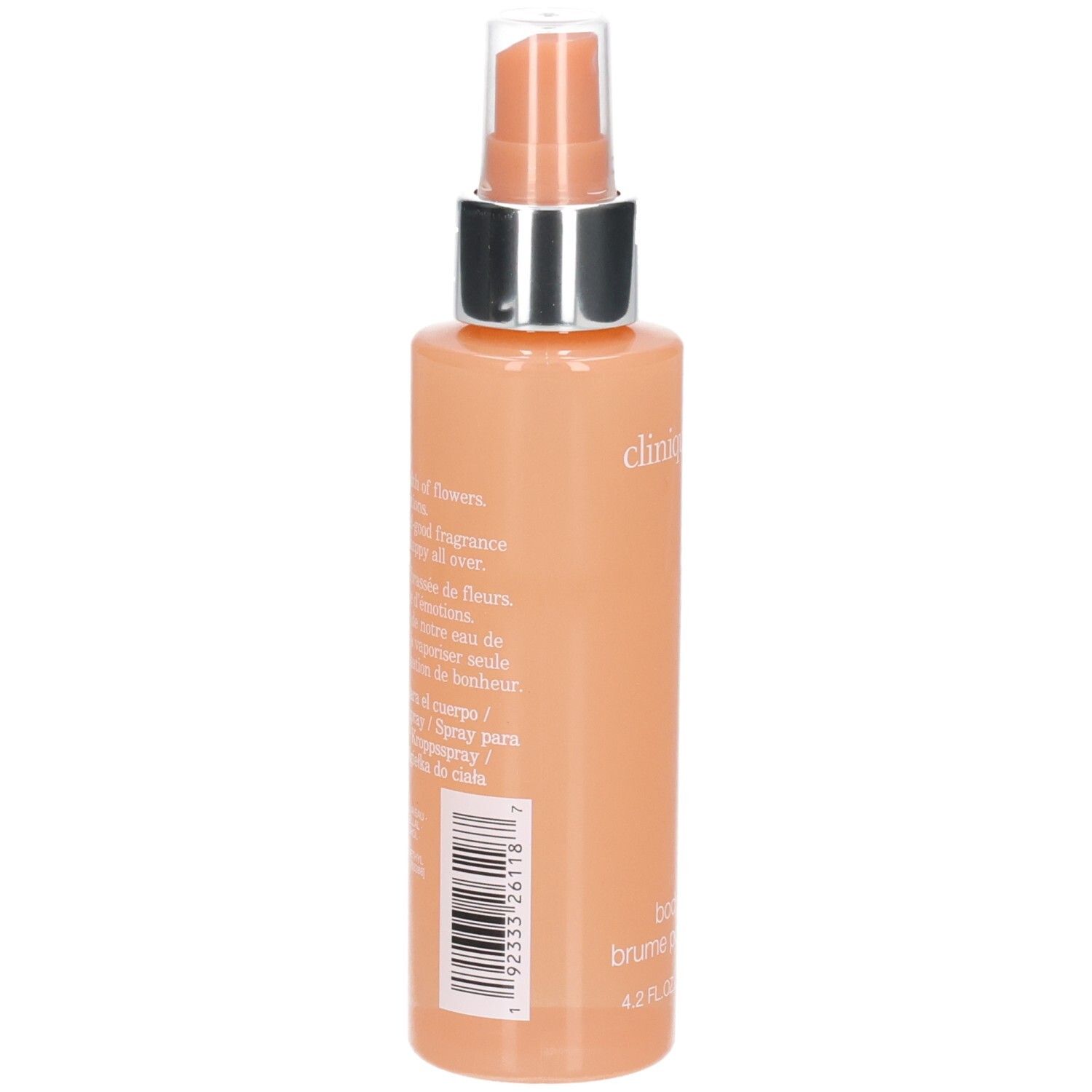 Vue arrière du flacon de brume corporelle. Texte et code-barres. Inscription: Body Spritz, 4.2 FL.OZ. LIQ./125 ml e.