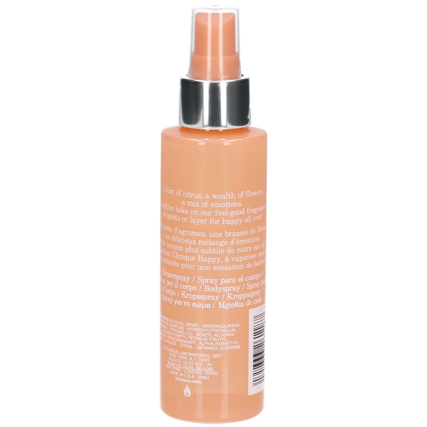 Flacon de brume corporelle pêche. Texte. Inscription: Clinique Happy, Body Spritz, brume pour le corps.