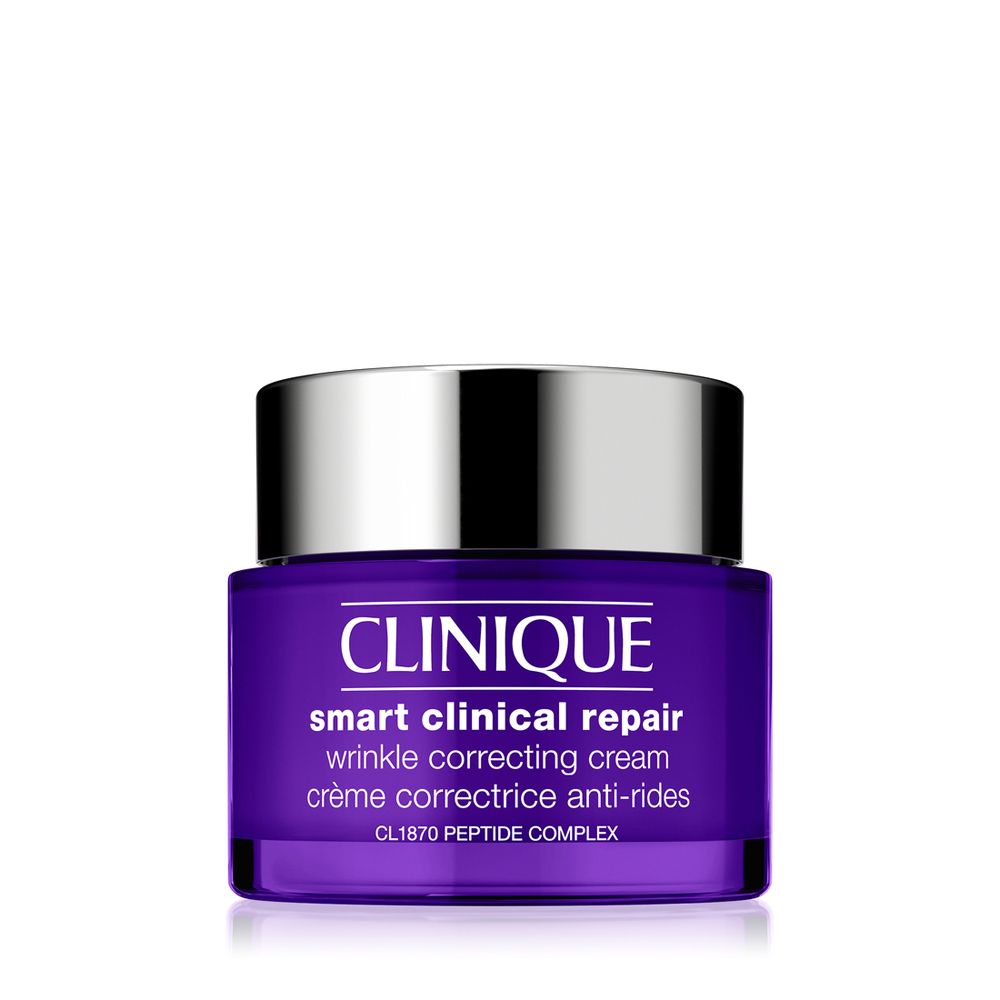 Crème Clinique Smart Clinical Repair. Pot violet, couvercle argenté. Texte: Wrinkle Correcting Cream.