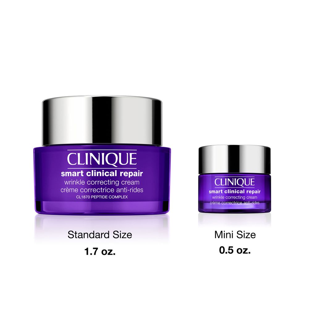Crème Clinique Smart Clinical Repair. Formats standard et mini. Pots violets, couvercles argentés. Texte.