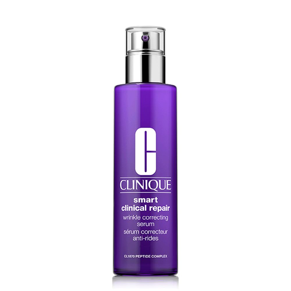 Flacon violet avec sérum. Tête de pulvérisation argentée. Texte : Clinique Smart Clinical Repair.
