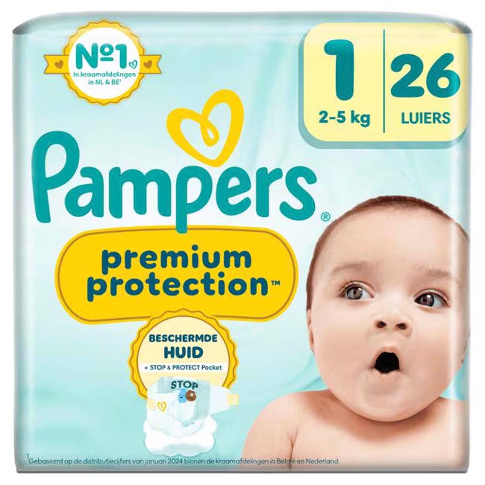 Paquet de couches Pampers Premium Protection, taille 1, 26 unités. Emballage avec bébé et informations produit.