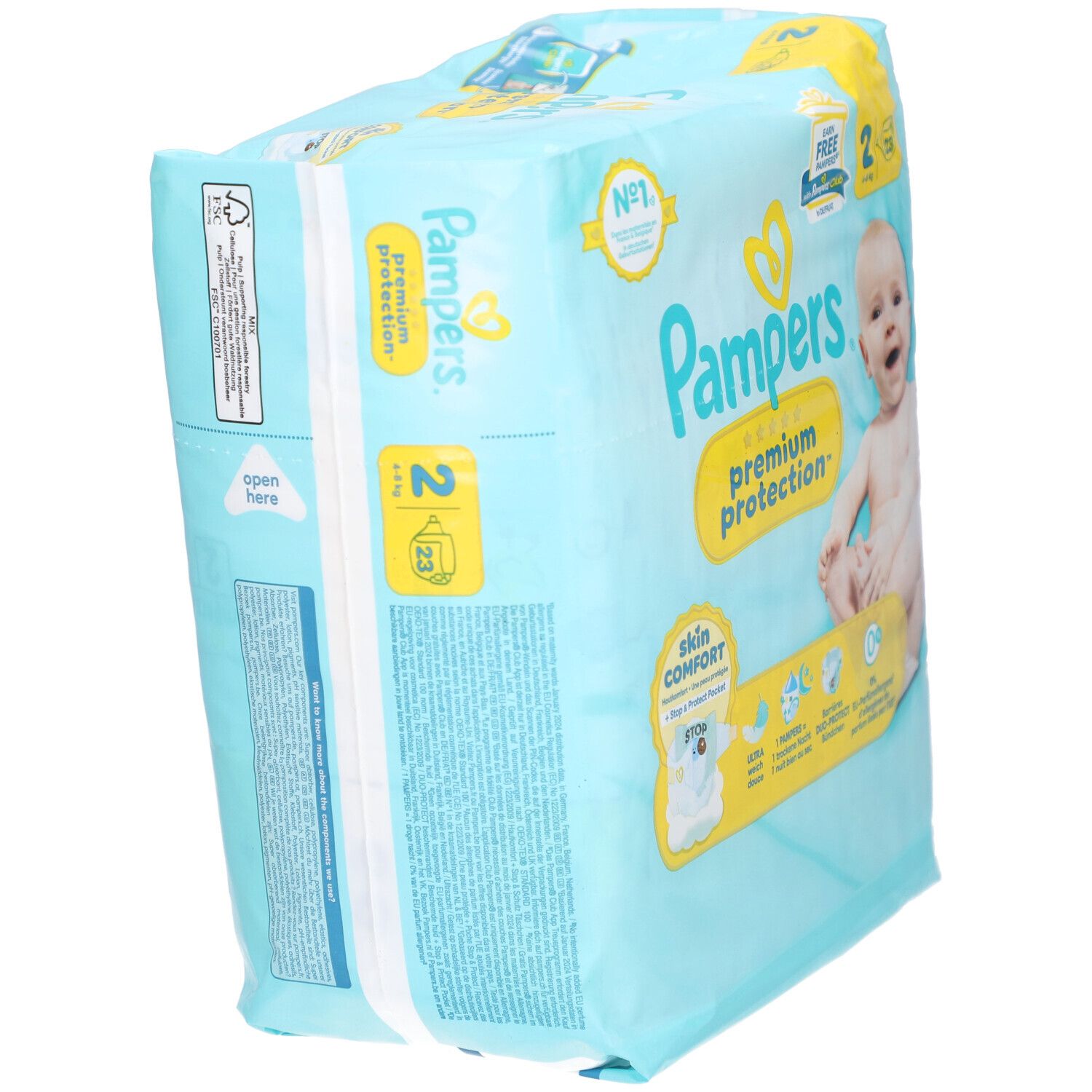 Paquet de couches Pampers Premium Protection T2 en biais. Inscription : Premium Protection, Skin Comfort, Taille 2, 4-8 kg. Bébé.