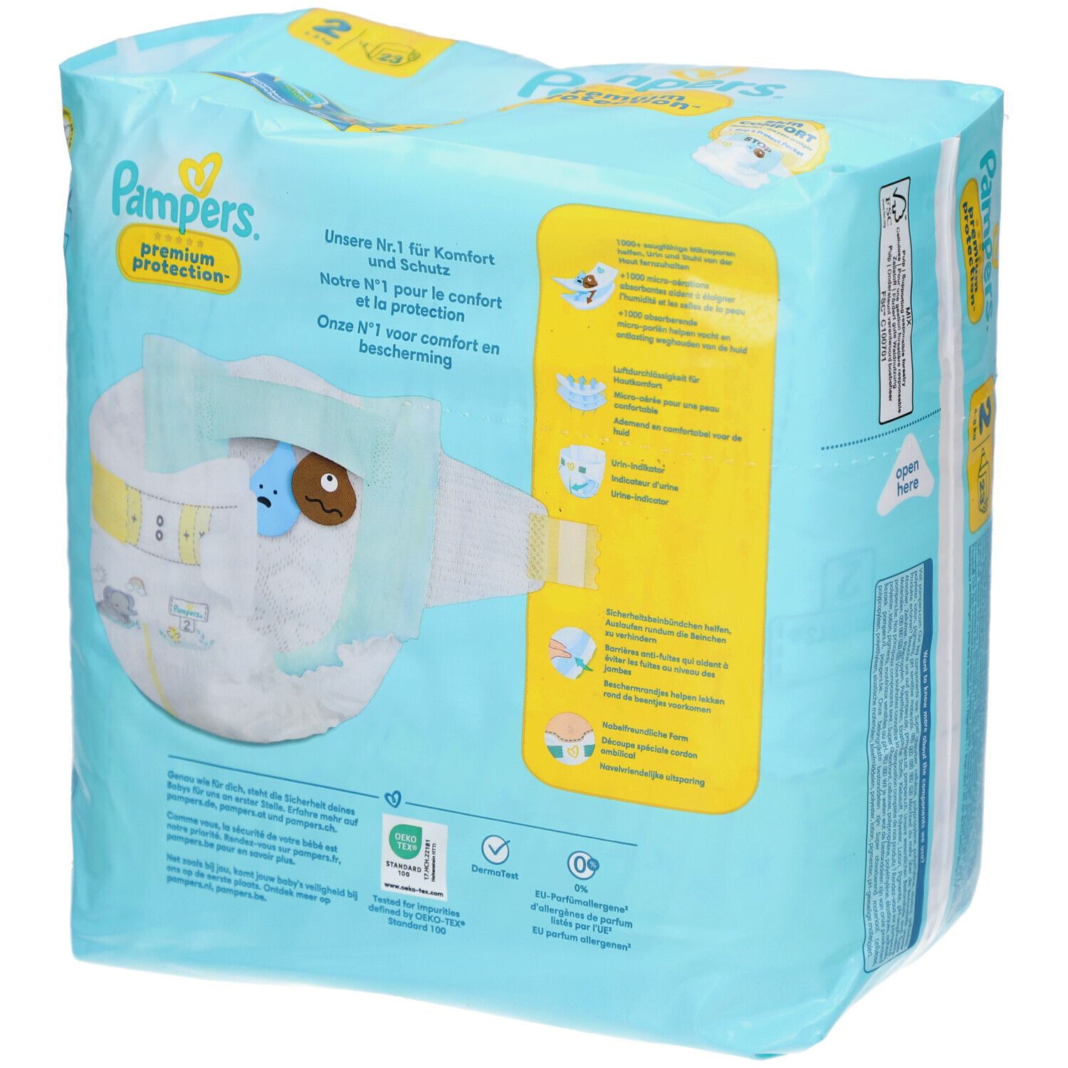 Dos du paquet de couches Pampers Premium Protection T2. Inscription : Notre n°1 pour le confort et la protection. Illustrations et texte.