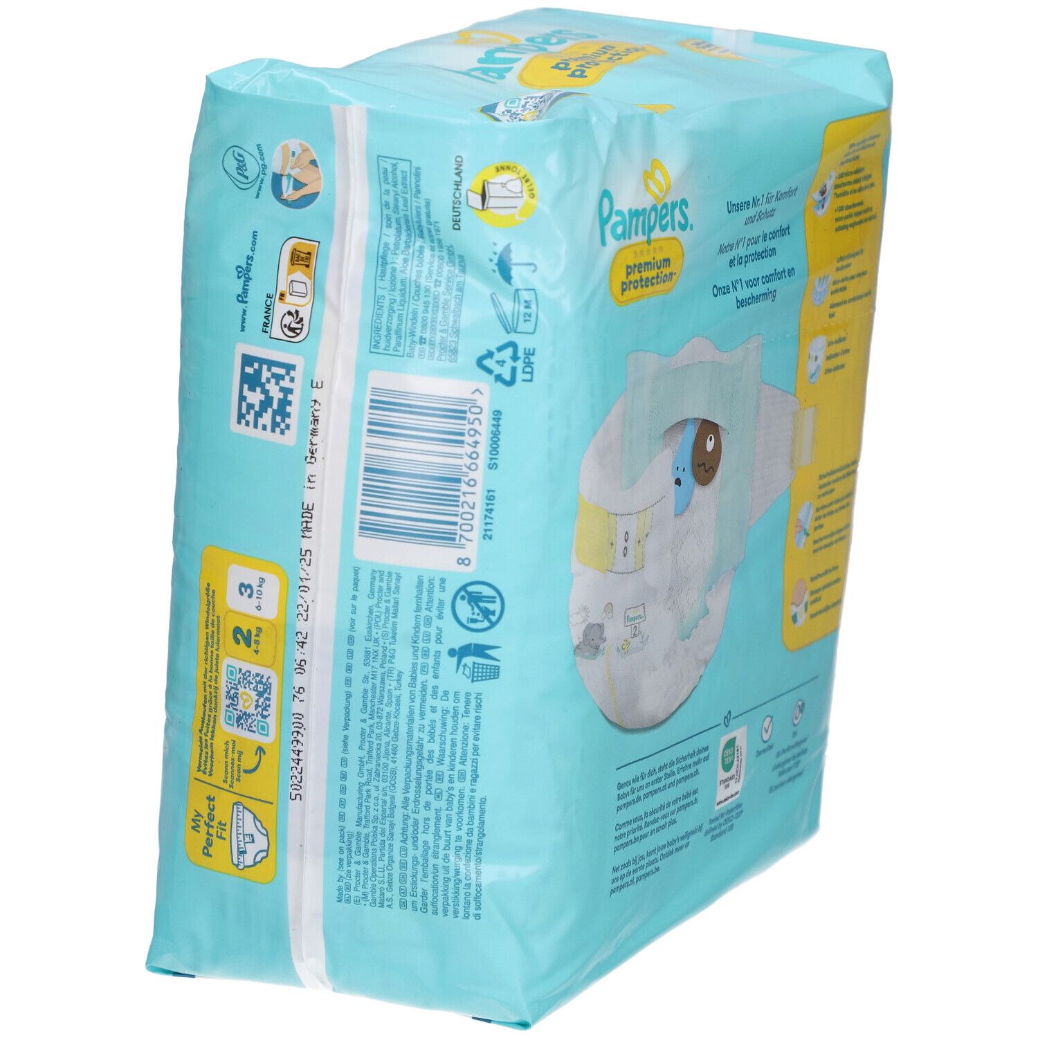 Vue oblique du dos du paquet de couches Pampers Premium Protection T2. Illustrations et texte. Inscription : Notre n°1 pour le confort et la protection.