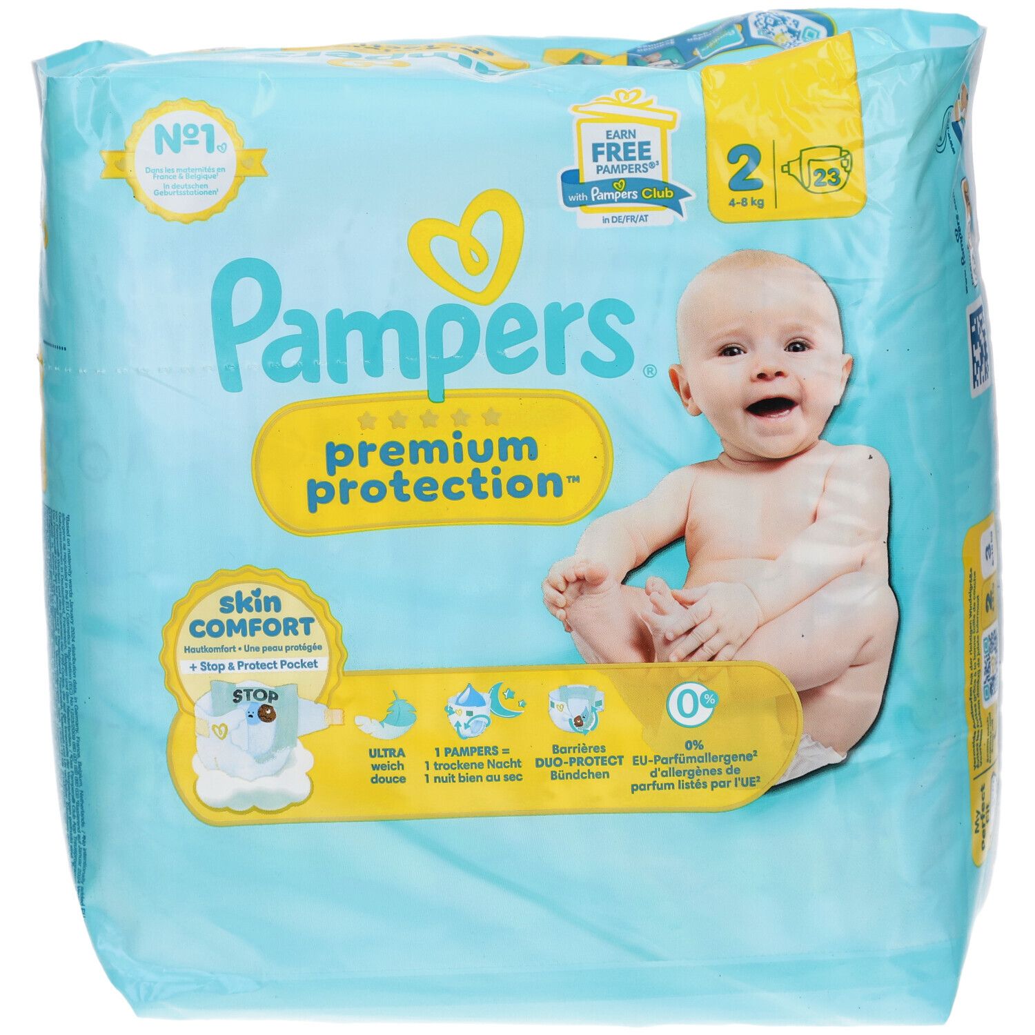 Paquet de couches Pampers Premium Protection T2 avec bébé. Inscription : Premium Protection, Skin Comfort, Taille 2, 4-8 kg. Certification.