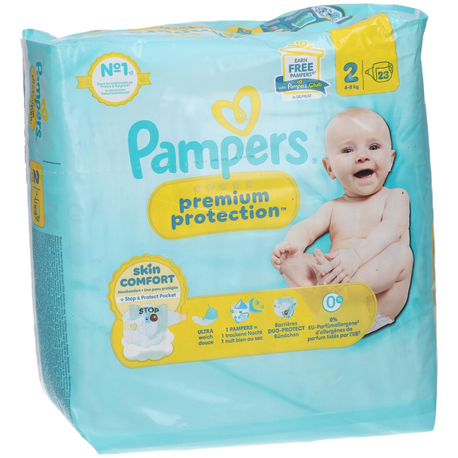 Paquet de couches Pampers Premium Protection T2 avec bébé. Inscription : Premium Protection, Skin Comfort, Taille 2, 4-8 kg. Certification.