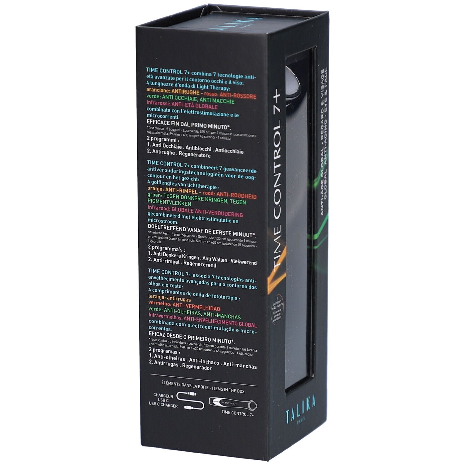 Emballage noir, texte et graphiques. Texte: TIME CONTROL 7+, TALIKA. Contient des informations multilingues.