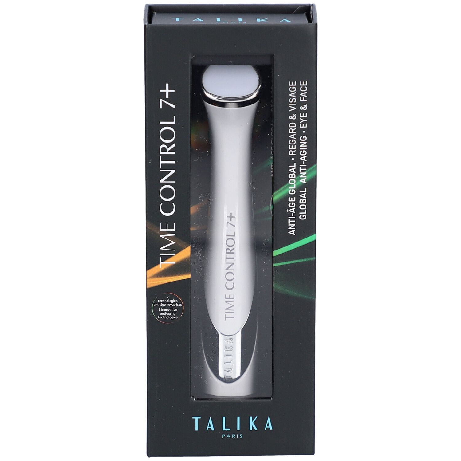 Boîte noire avec appareil blanc. Texte: TIME CONTROL 7+, TALIKA PARIS. Fenêtre montrant l'appareil.