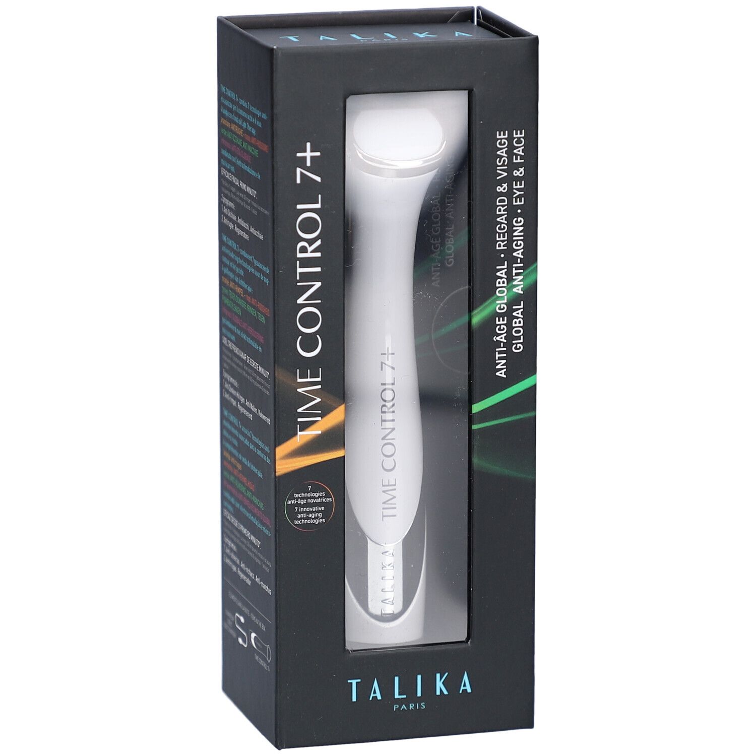 Boîte noire avec appareil blanc. Texte: TIME CONTROL 7+, TALIKA PARIS. Fenêtre montrant l'appareil.
