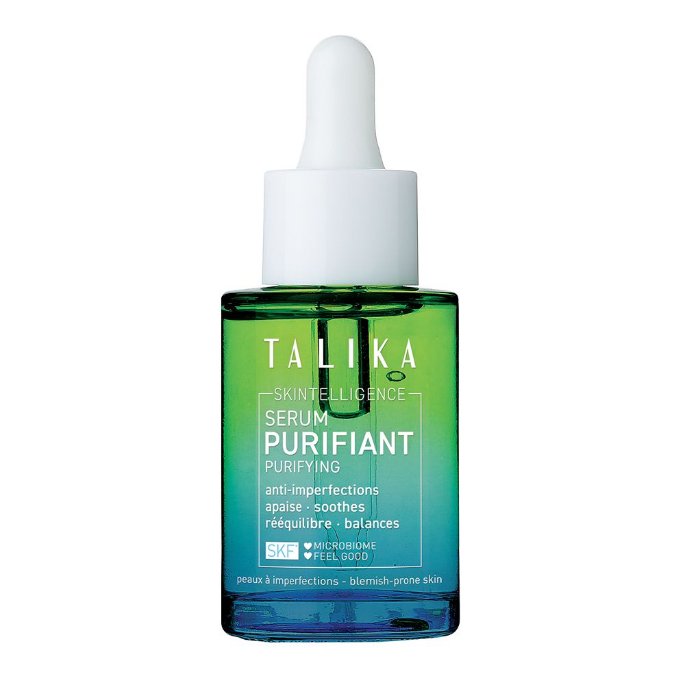 Flacon vert avec bouchon blanc et pipette. Inscription : Talika Skin Intelligence Serum Purifiant.