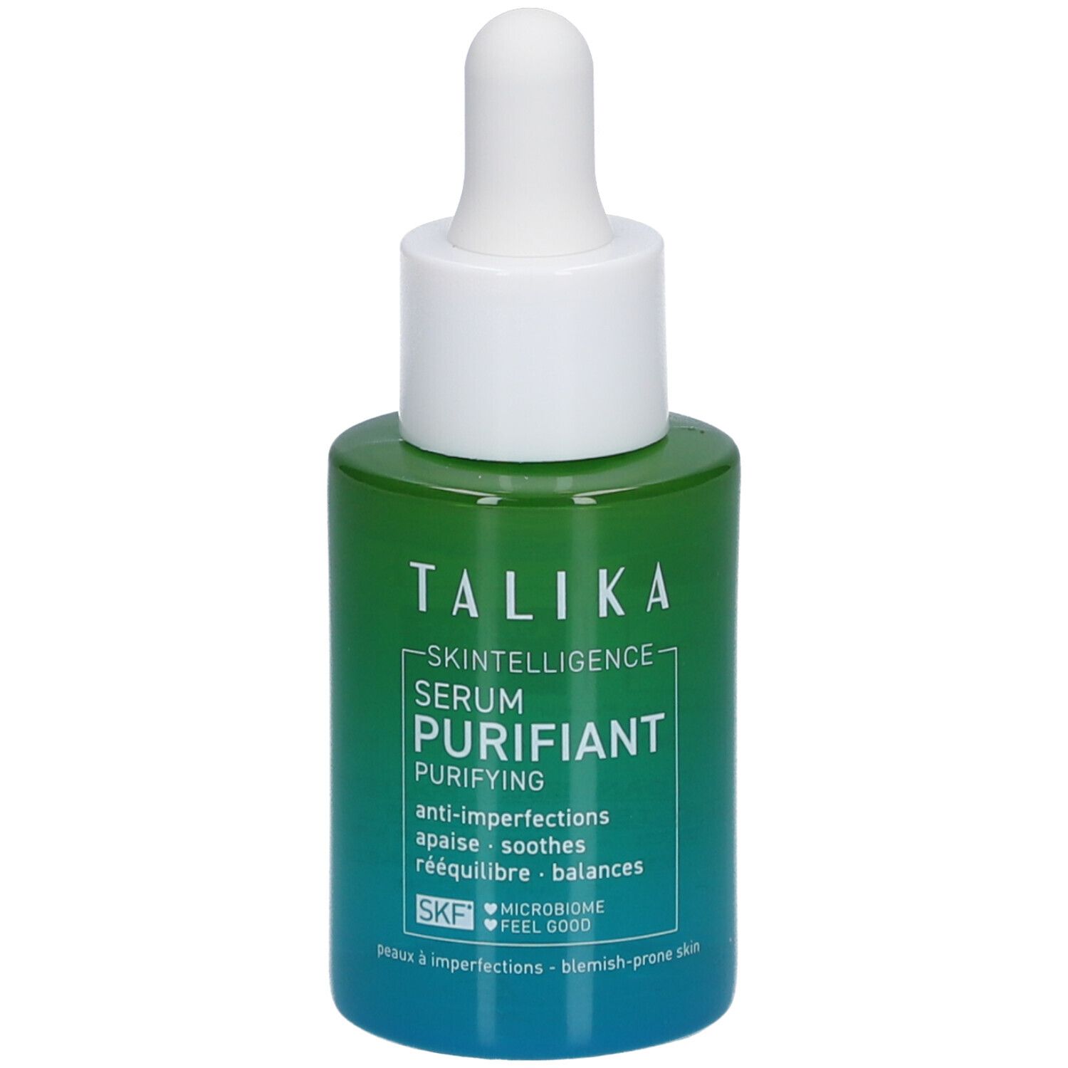 Flacon vert avec bouchon blanc et pipette. Inscription : Talika Skin Intelligence Serum Purifiant.
