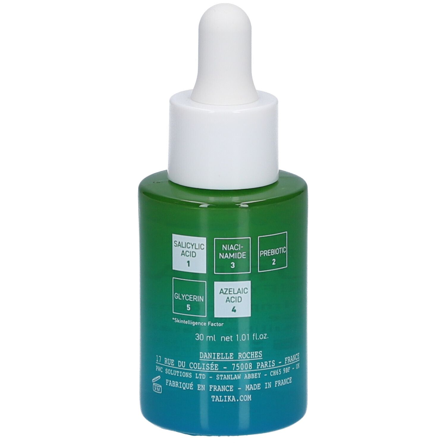 Flacon vert avec bouchon blanc et pipette. Inscription : Talika Skin Intelligence Serum Purifiant. Ingrédients.