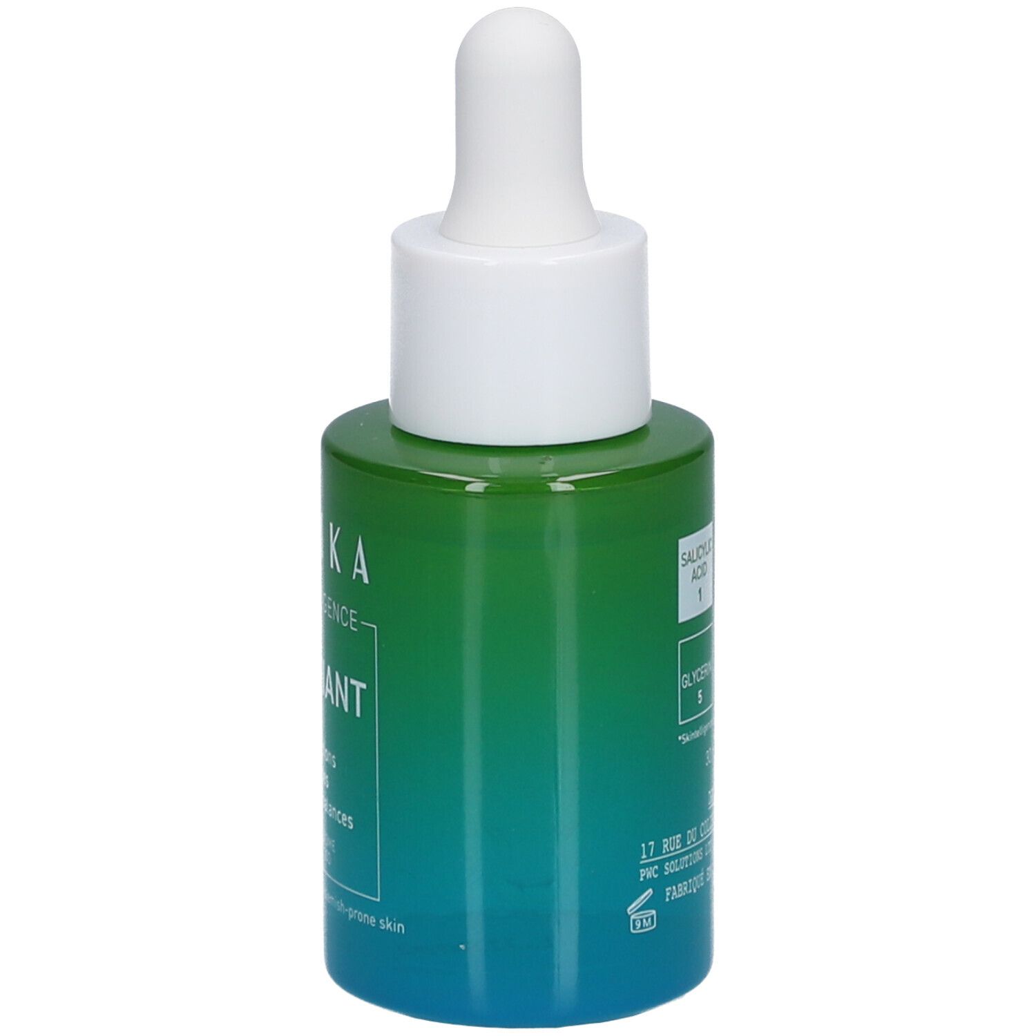 Dos d'un flacon vert avec bouchon blanc et pipette. Inscription : Talika Skin Intelligence Serum Purifiant.