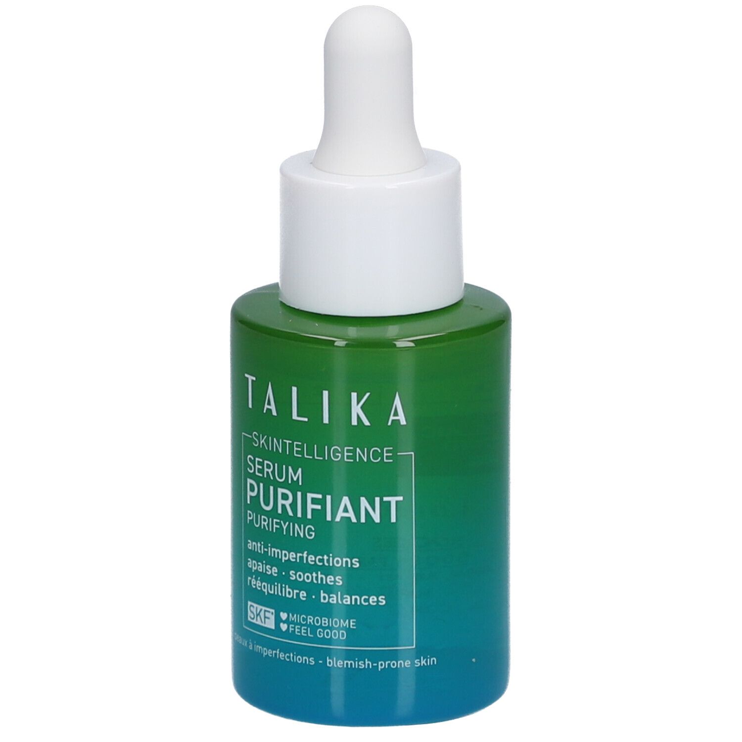 Flacon vert avec bouchon blanc et pipette. Inscription : Talika Skin Intelligence Serum Purifiant.