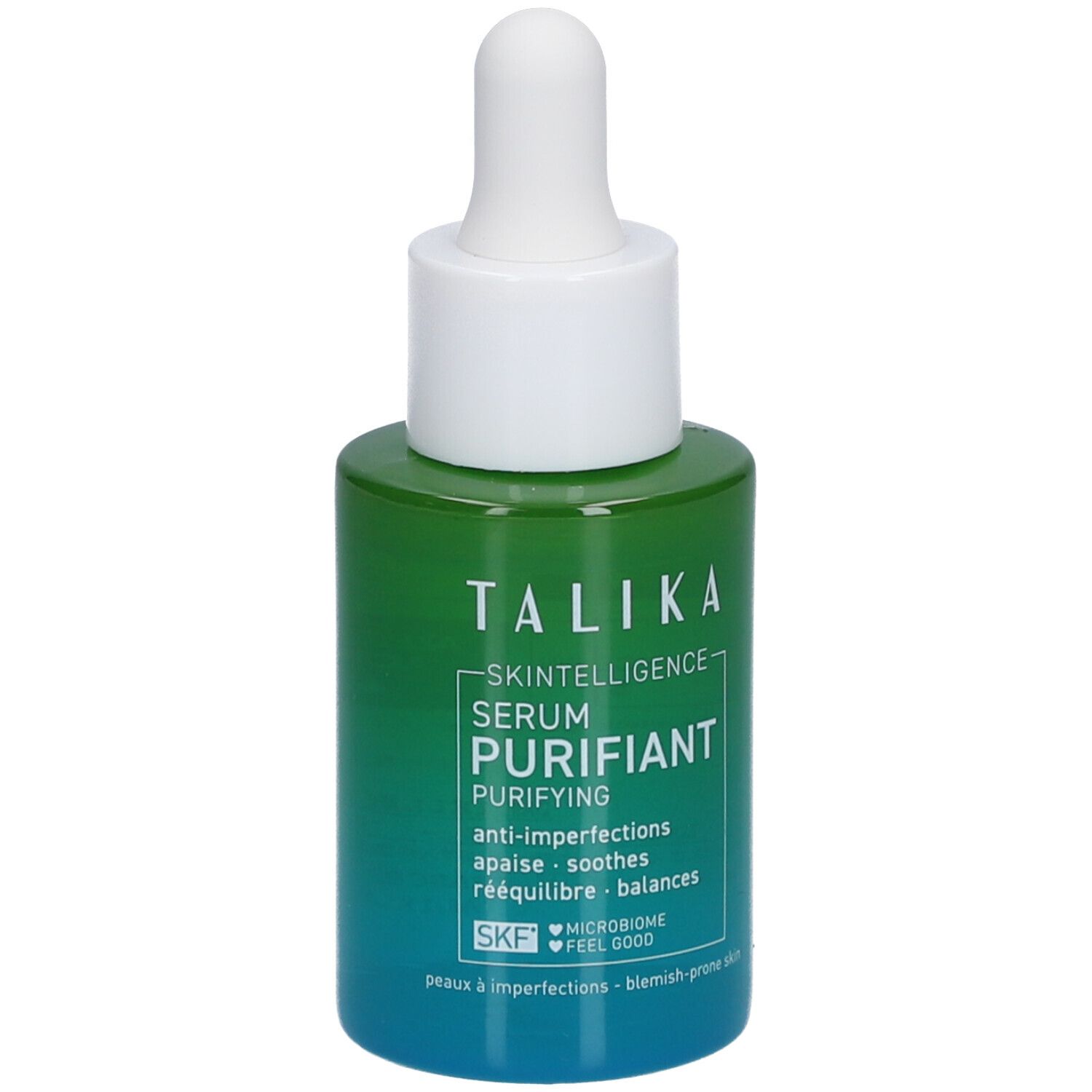 Flacon vert avec bouchon blanc et pipette. Inscription : Talika Skin Intelligence Serum Purifiant.