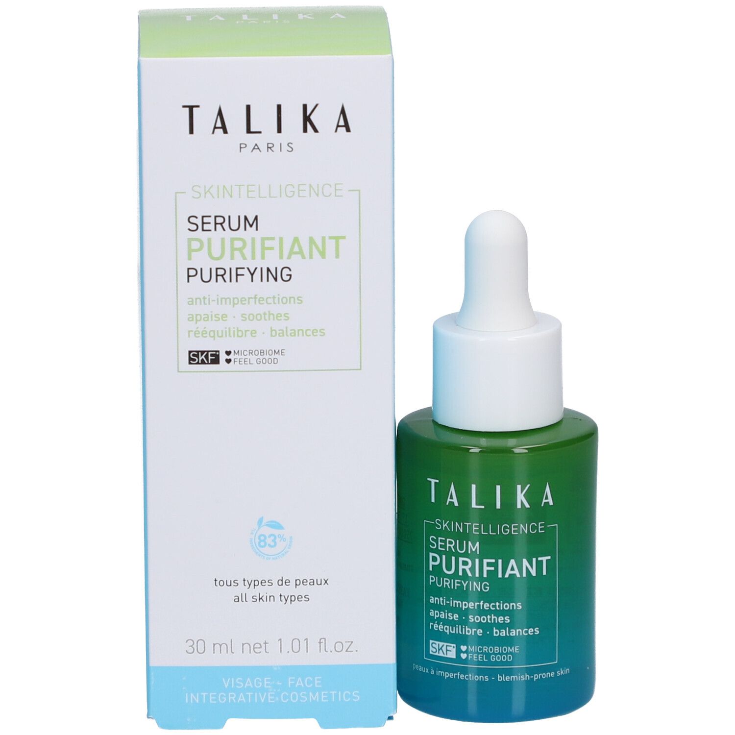 Produit et emballage. Flacon vert avec bouchon blanc et pipette. Inscription : Talika Skin Intelligence Serum Purifiant.