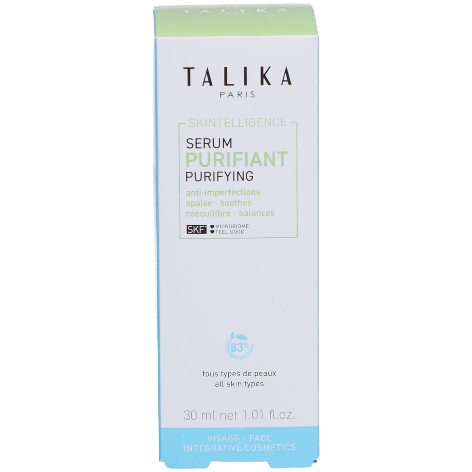 Emballage. Inscription : Talika Skin Intelligence Serum Purifiant. 30 ml.