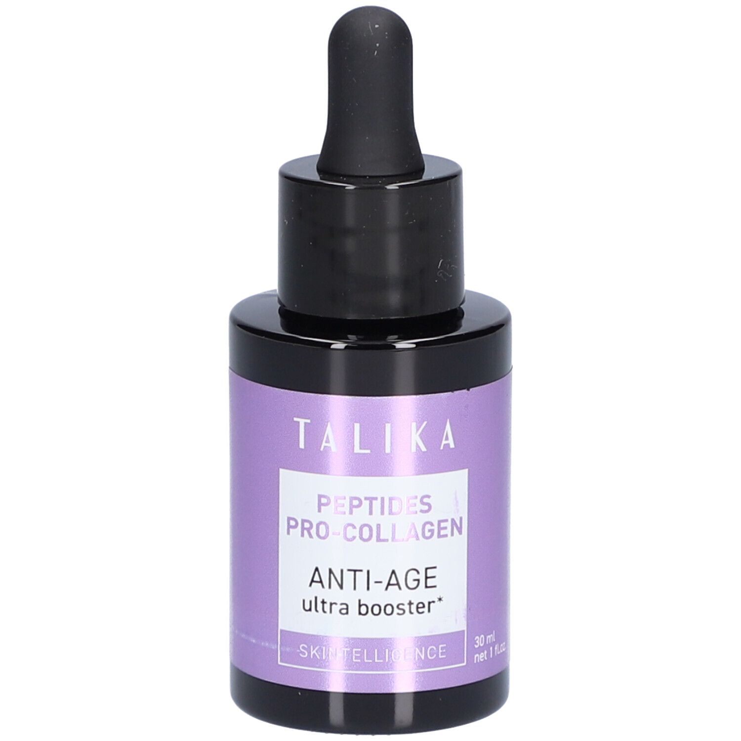 Petite bouteille ronde avec bouchon noir et pipette. Étiquette violette avec texte: TALIKA, Anti-Age.
