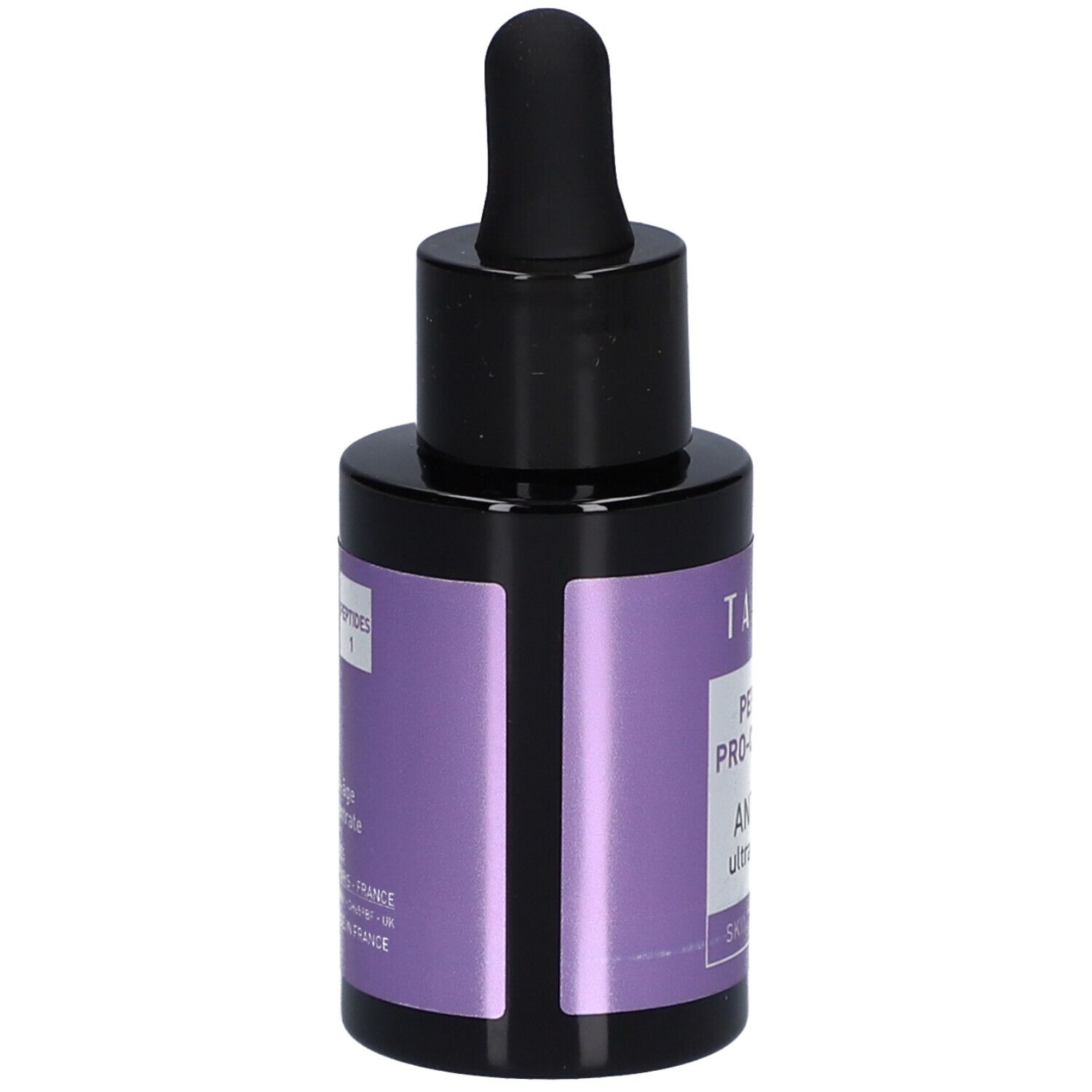 Petite bouteille ronde avec bouchon noir et pipette. Étiquette violette avec texte.