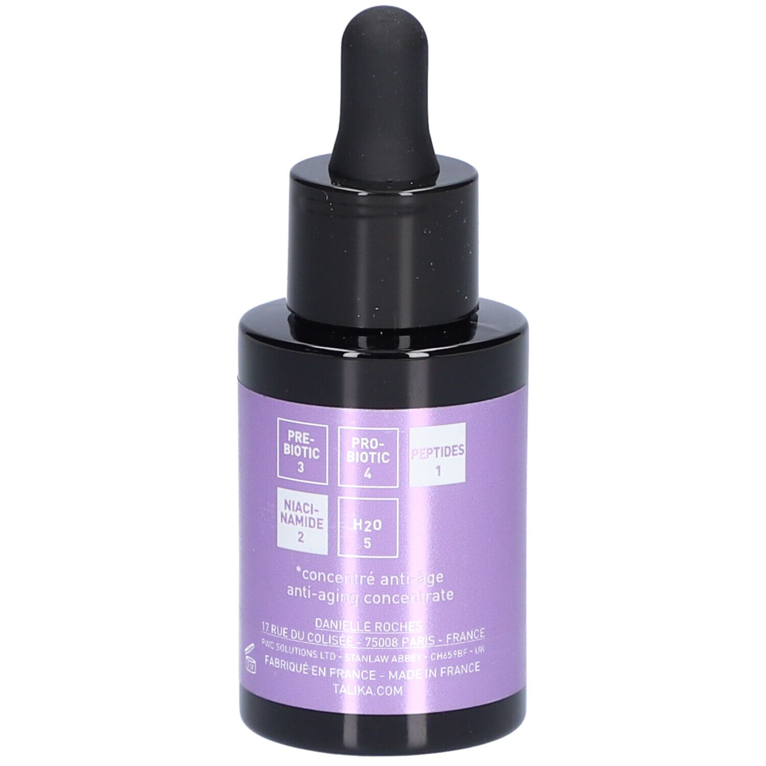 Petite bouteille ronde avec bouchon noir et pipette. Étiquette violette avec texte: ingrédients.