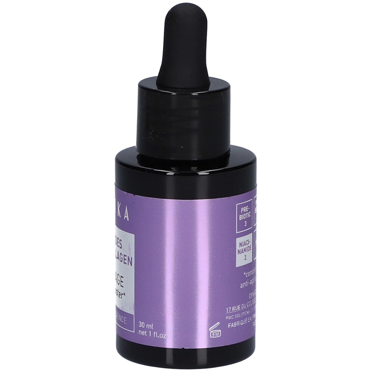 Petite bouteille ronde avec bouchon noir et pipette. Étiquette violette avec texte: TALIKA, Anti-Age.