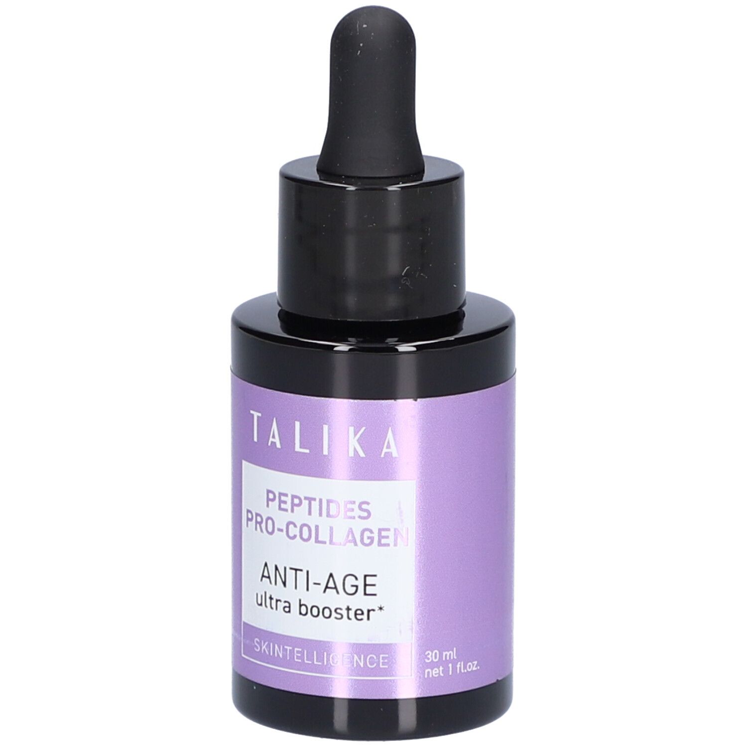 Petite bouteille ronde avec bouchon noir et pipette. Étiquette violette avec texte: TALIKA, Anti-Age.