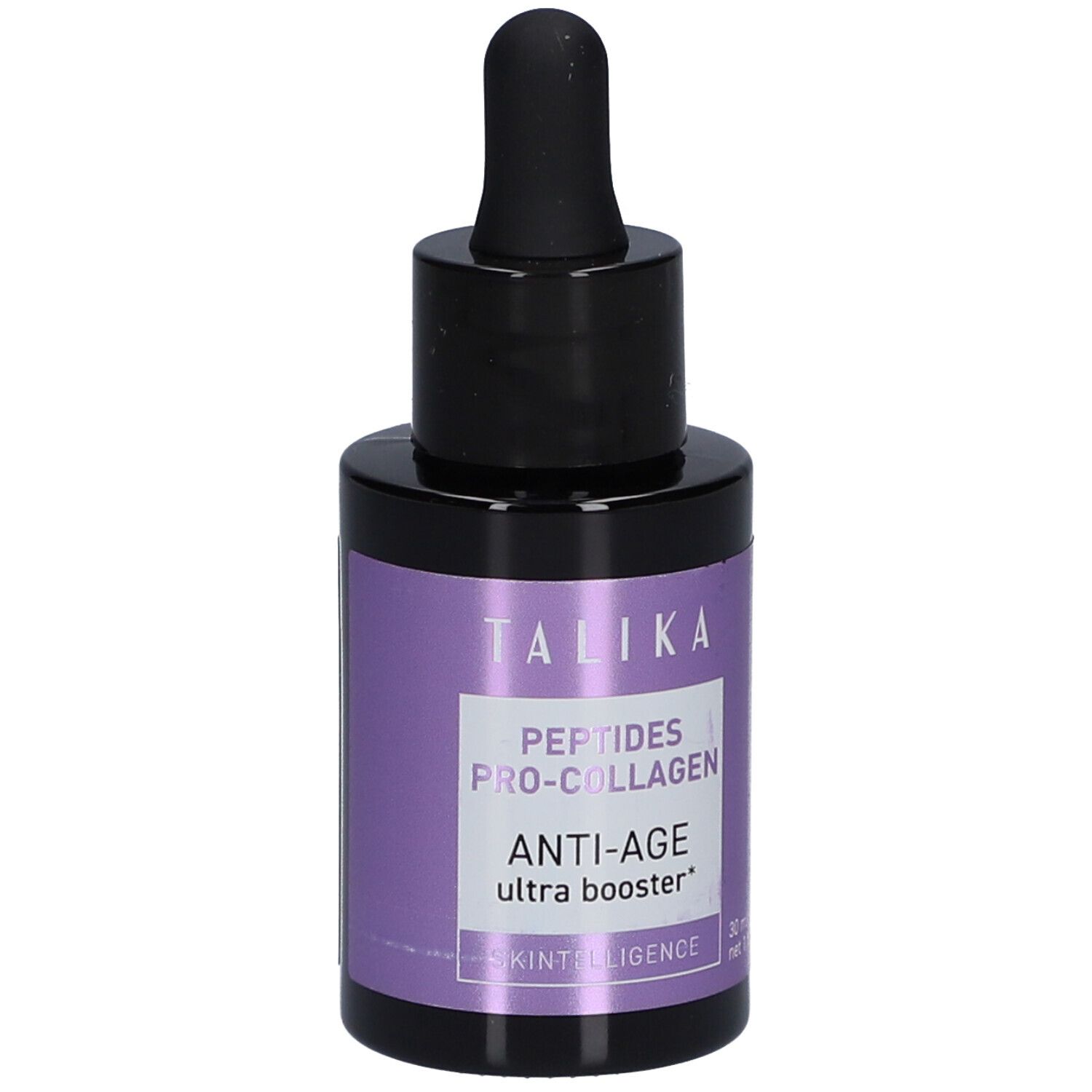 Petite bouteille ronde avec bouchon noir et pipette. Étiquette violette avec texte: TALIKA, Anti-Age.