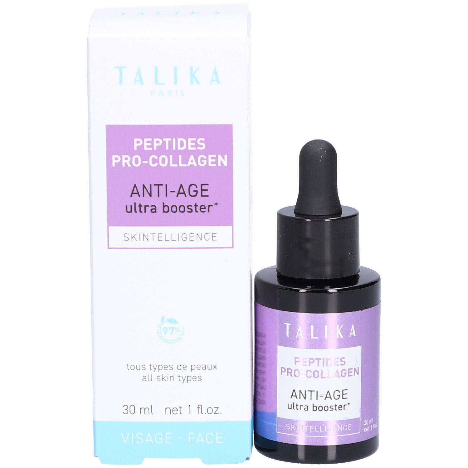 Flacon et emballage du produit. Flacon avec pipette, emballage avec texte: TALIKA, Anti-Age.