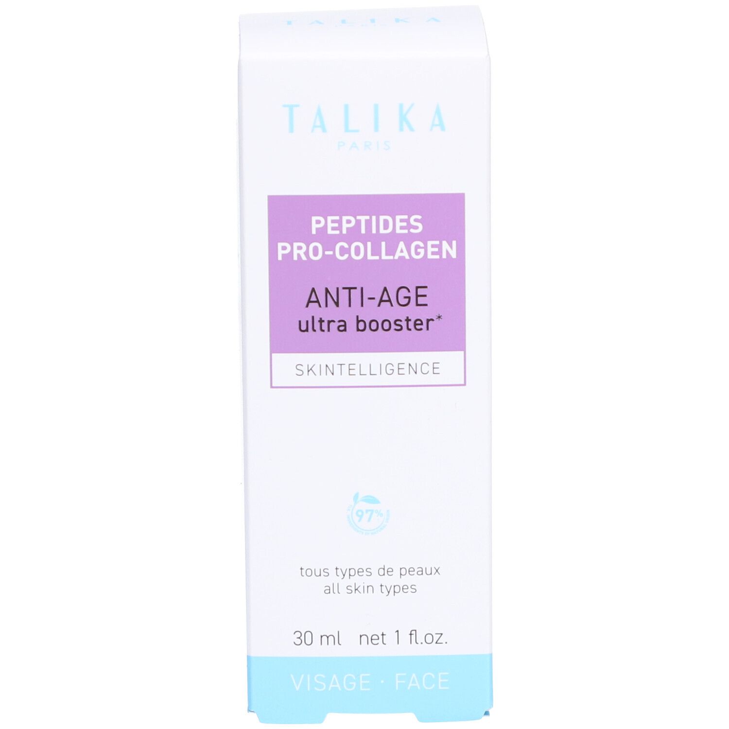 Emballage avec texte: TALIKA, Anti-Age. Emballage bleu et blanc.