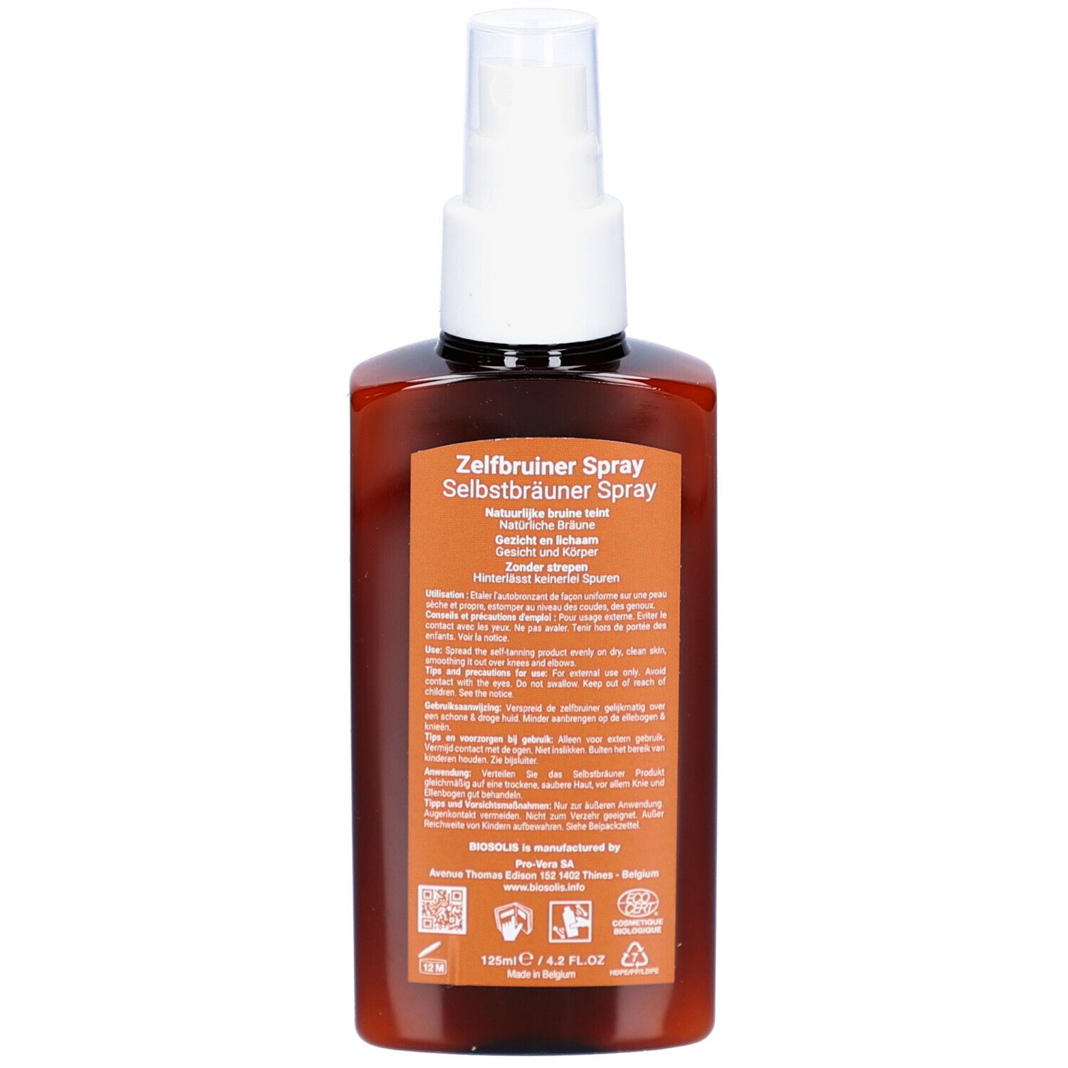 Dos du flacon Biosolis Spray Autobronzant. Texte multilingue, informations produit et logos.