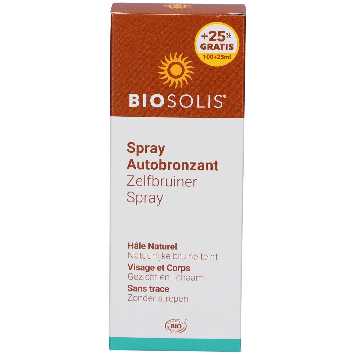 Emballage Biosolis Spray Autobronzant. Carton brun avec informations et logo.