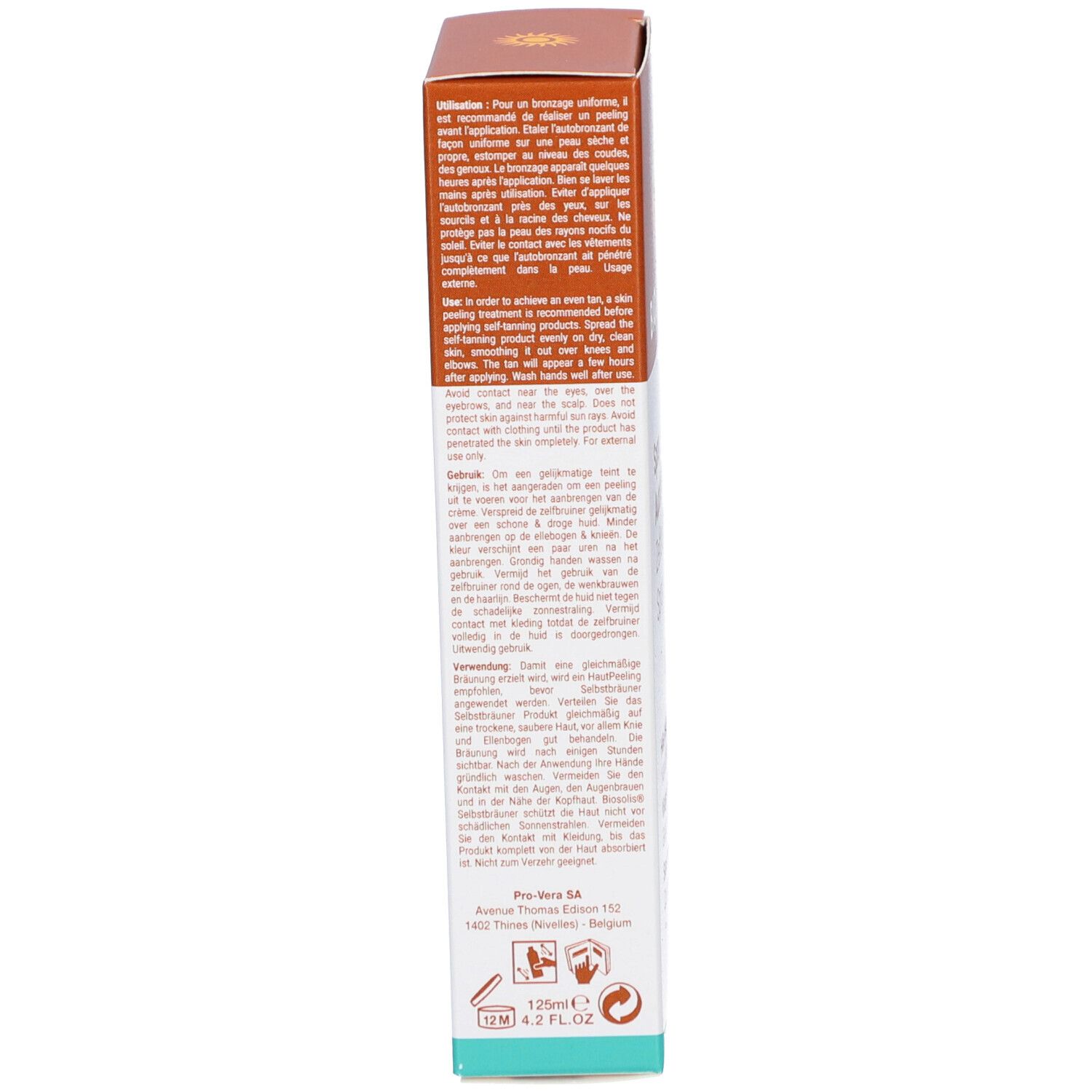 Emballage Biosolis Spray Autobronzant. Texte multilingue, informations produit et logos.