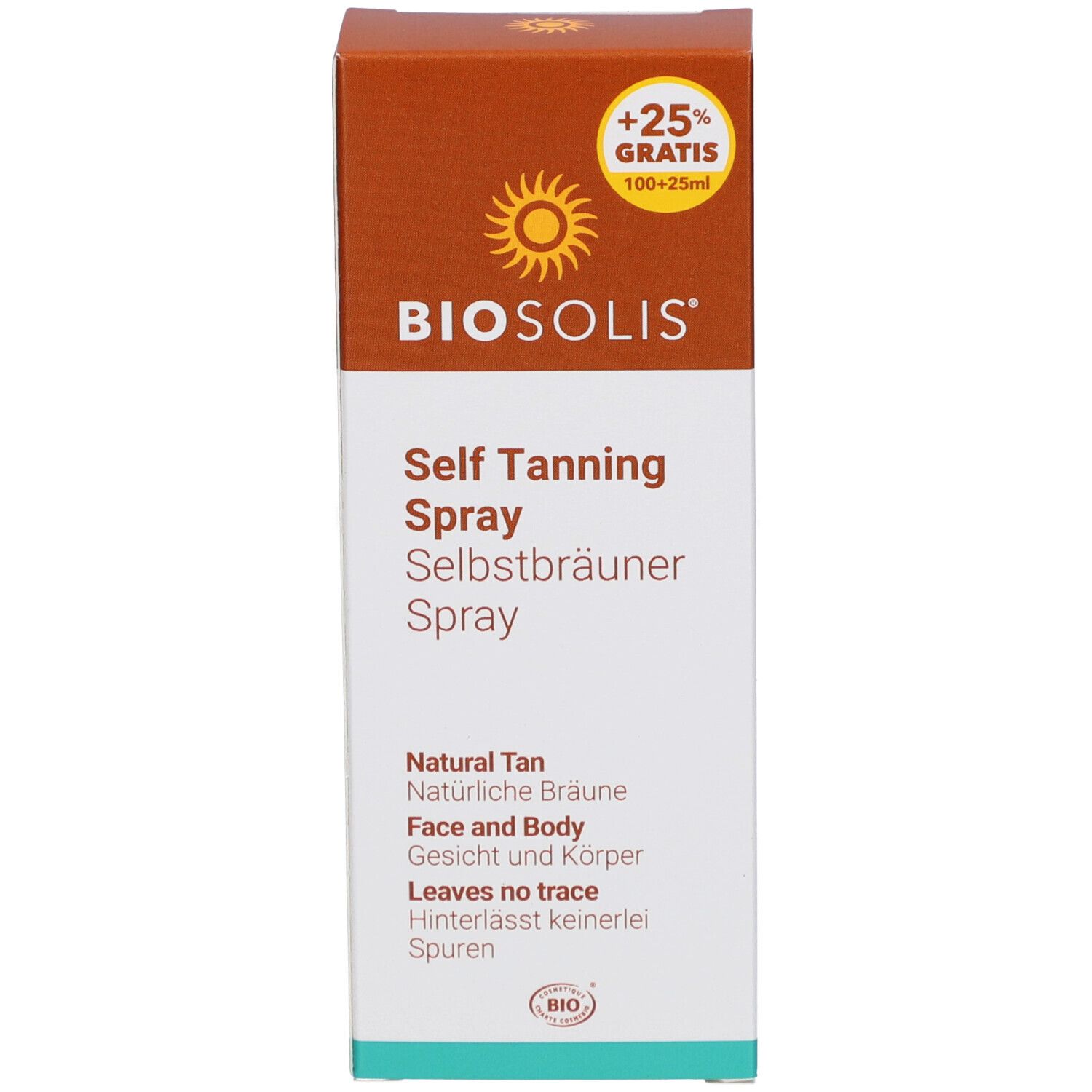 Emballage Biosolis Spray Autobronzant. Carton brun avec informations et logo.