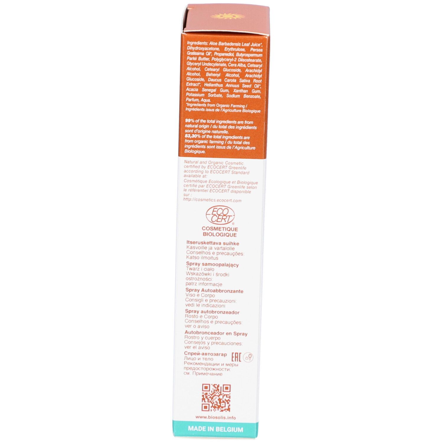 Emballage Biosolis Spray Autobronzant. Texte multilingue, informations produit et logos.