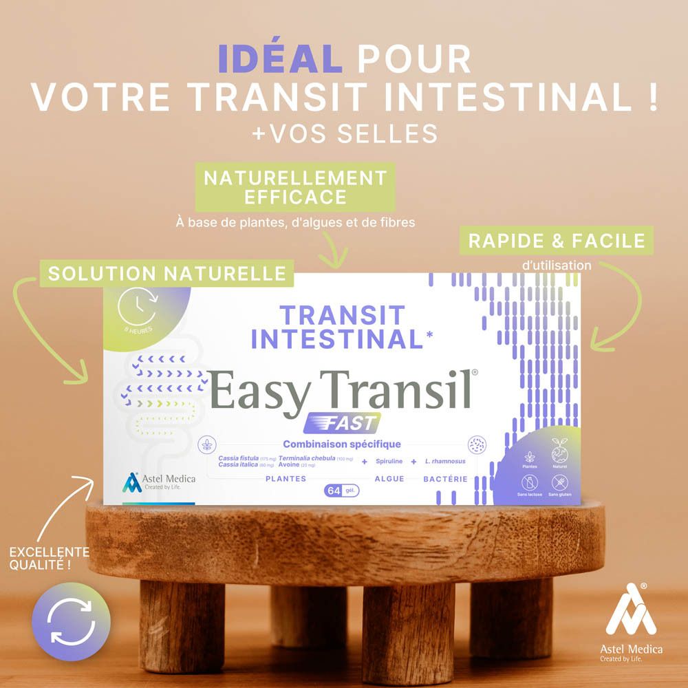 Boîte Easy Transil FAST pour le transit intestinal. Contient 32 capsules, plantes, algues et bactéries.