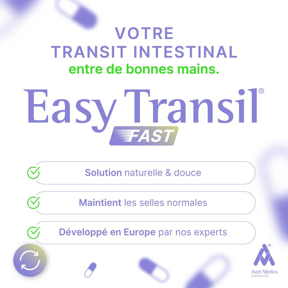 Boîte de Easy Transil FAST 32 capsules. Montre une illustration intestinale et des ingrédients : plantes, algues, bactéries.